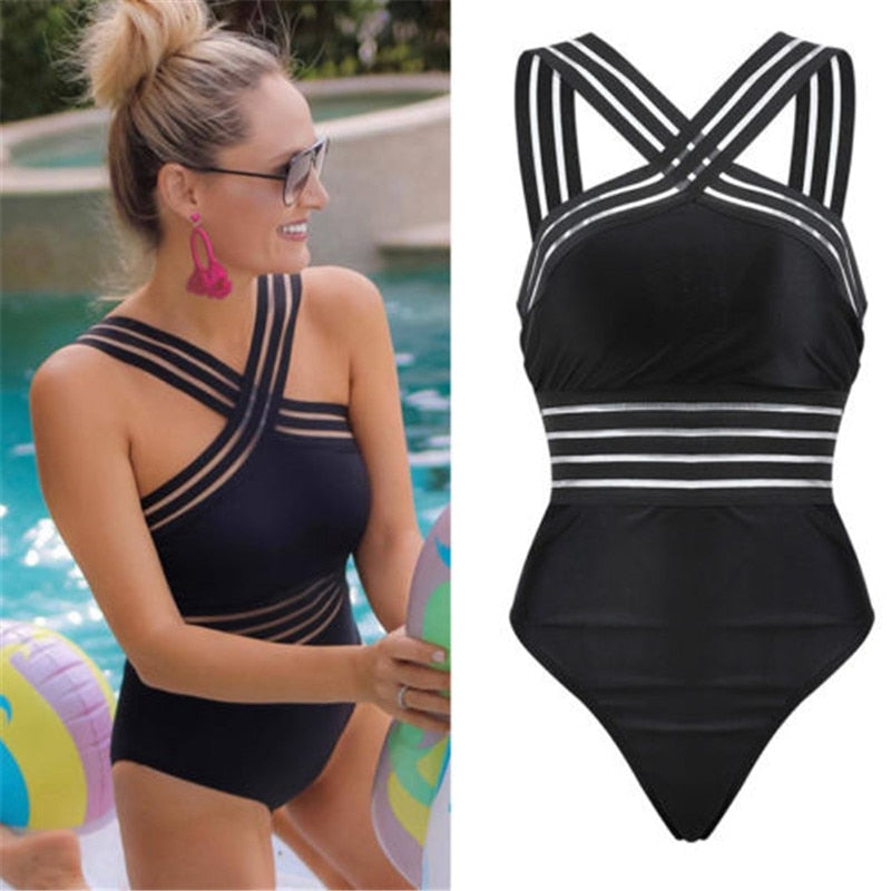 High Neck Bandage Cross Back Female Brazilian Swimming Suit